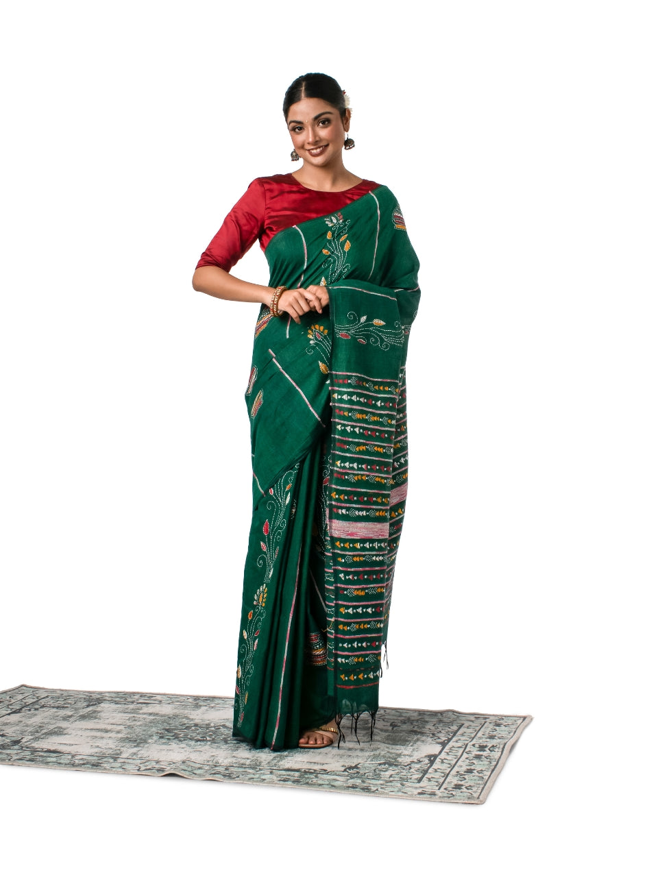Bottle Green Exquisite Khesh Kantha Stitched Saree