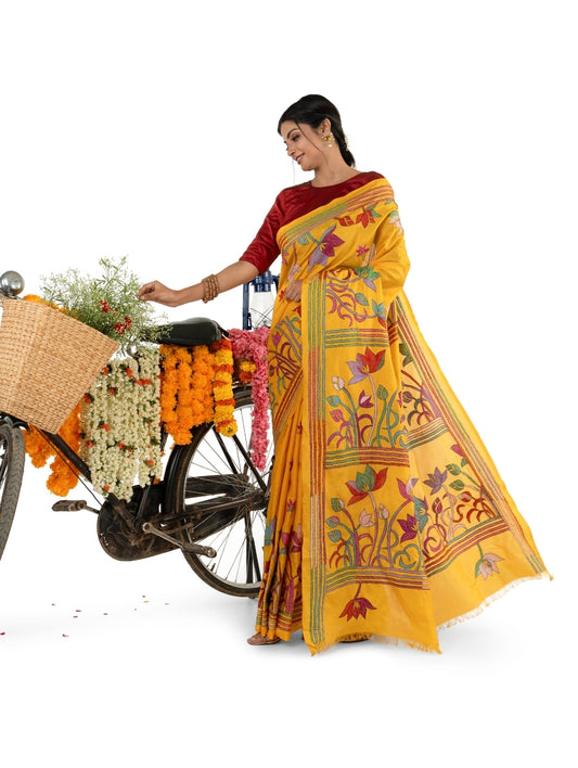 Yellow Multicoloured Floral Kantha Stitched Saree
