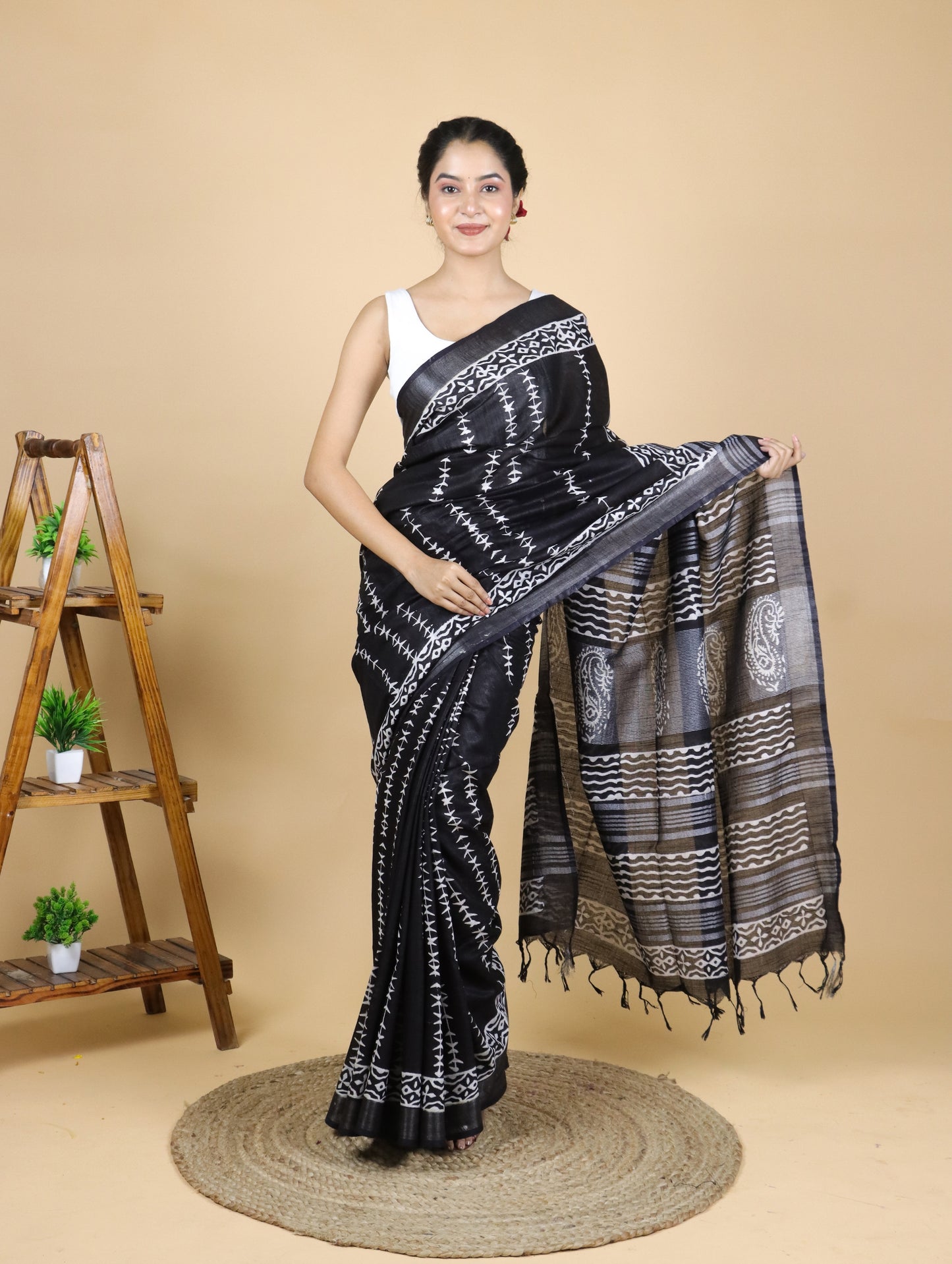 Black Hand Block Printed Cotton Linen Saree