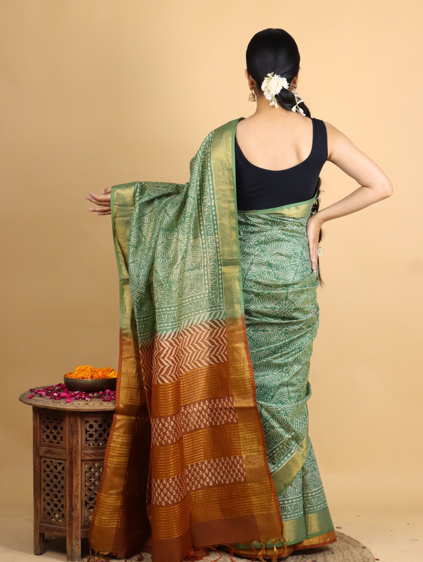 Green and Brown Baffta Tussar Block Printed Saree