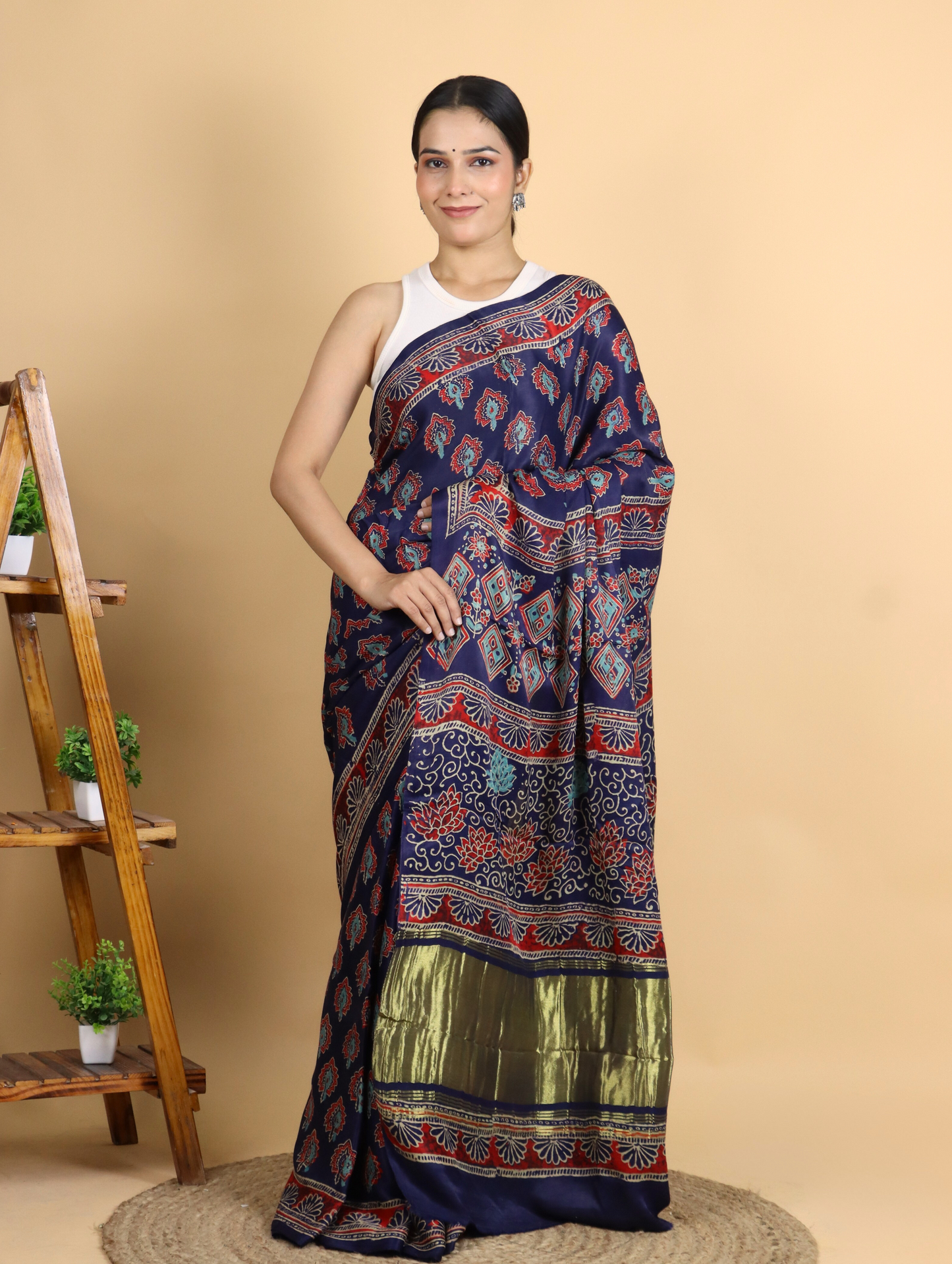 Bright Blue and Maroon Ajrak Block Printed Modal Silk Saree