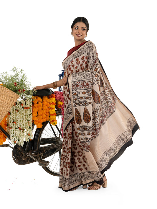 Beige and Brown Art Silk Crepe with Floral Bagru BlockPrinted Saree