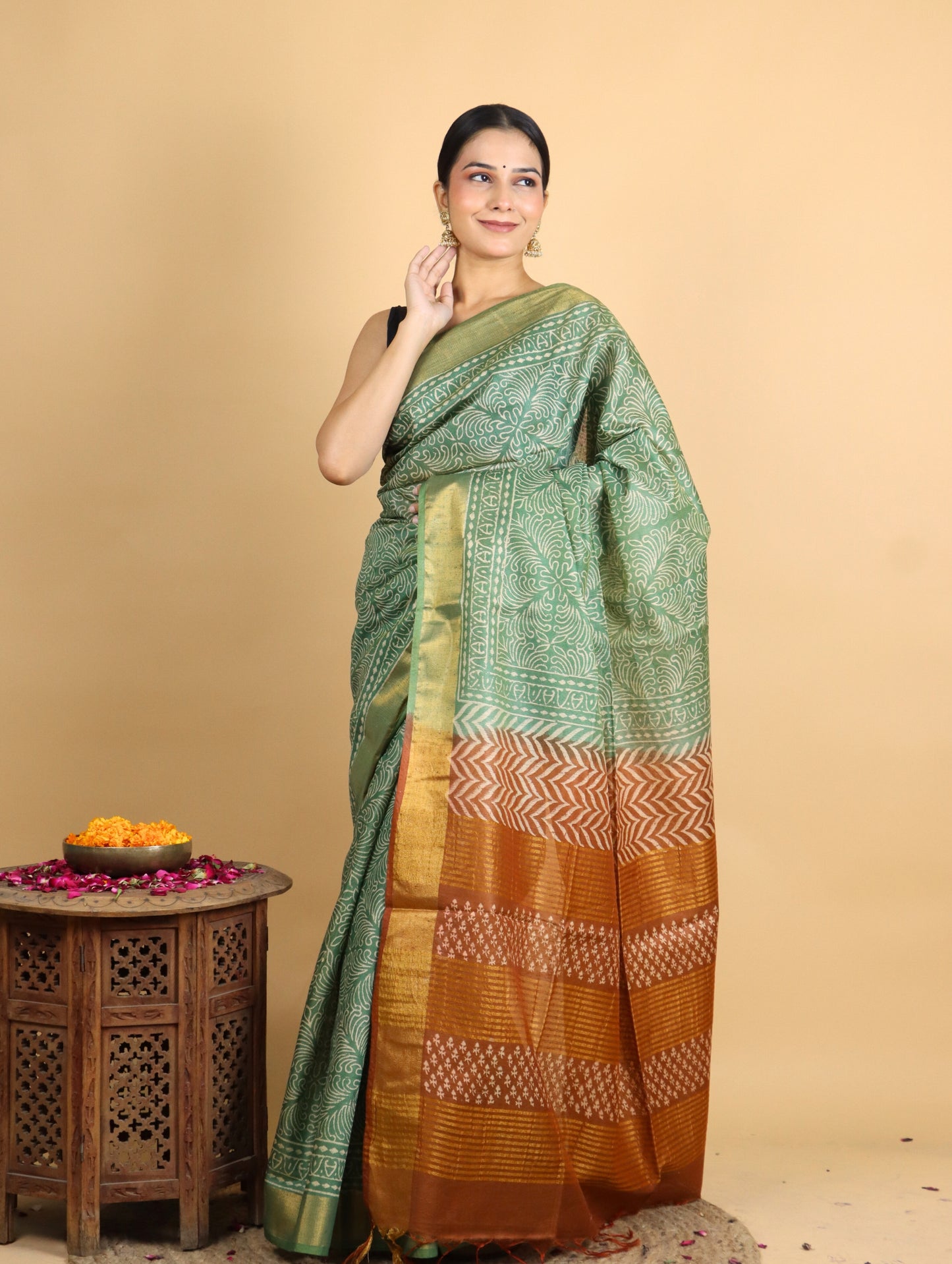 Green and Brown Baffta Tussar Block Printed Saree
