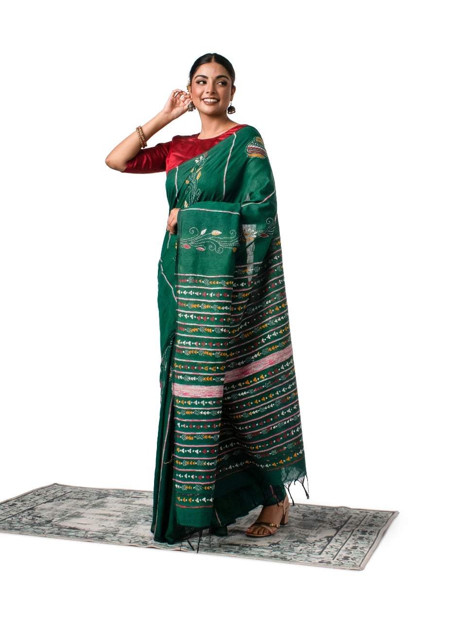 Bottle Green Exquisite Khesh Kantha Stitched Saree