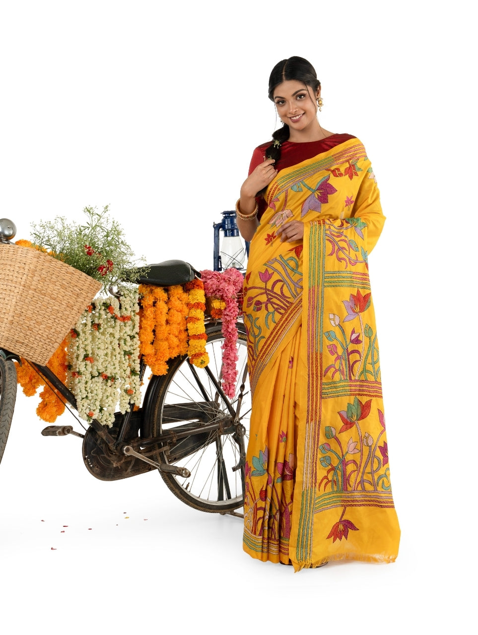 Yellow Multicoloured Floral Kantha Stitched Saree
