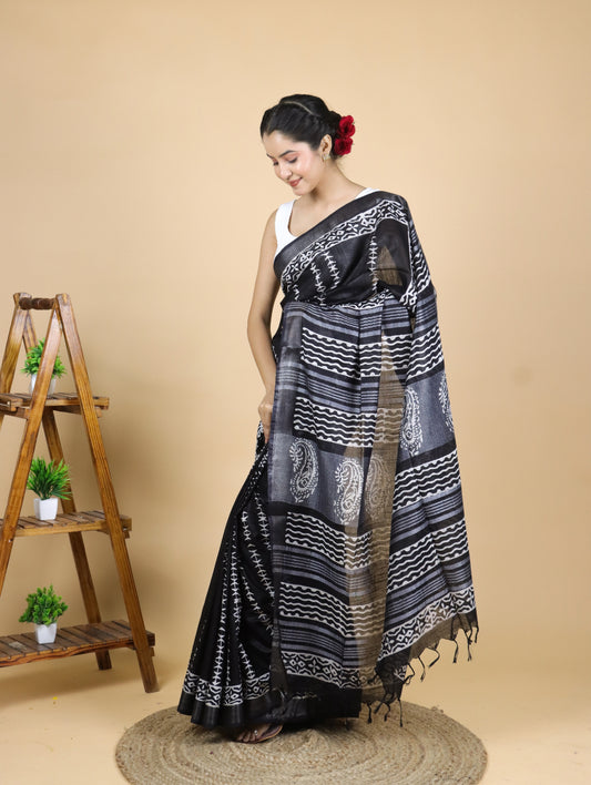 Black Hand Block Printed Cotton Linen Saree