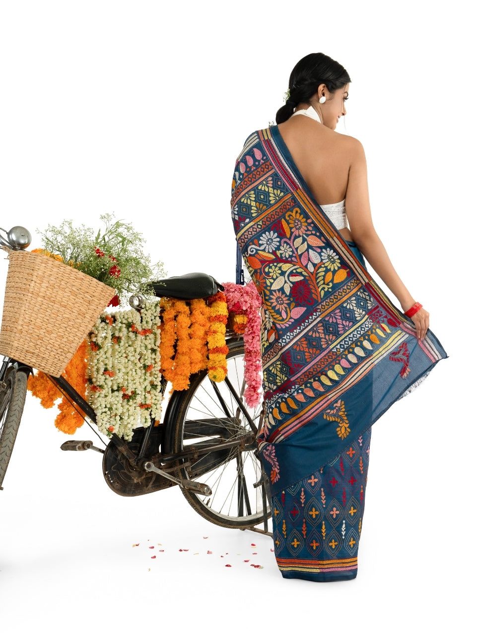 Midnight Blue Heavy Katha Stitched Saree