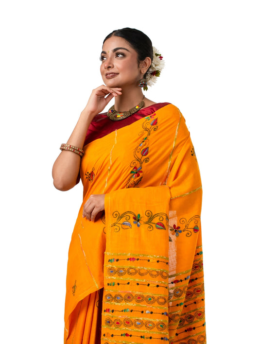 Yellow Exquisite Khesh Kantha Stitched Saree