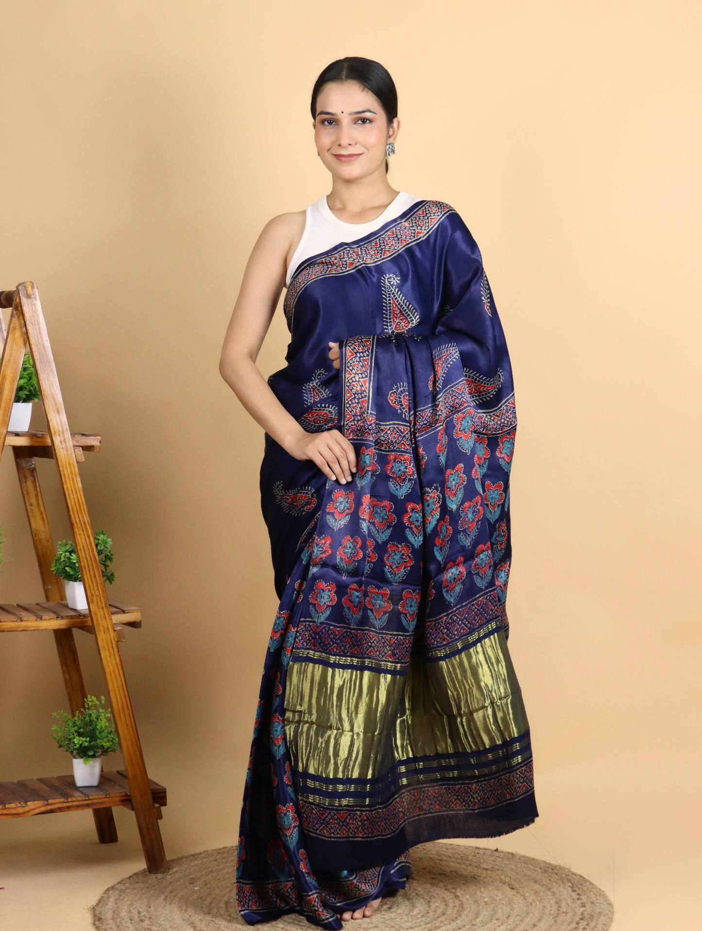 Bright Blue Ajrak Block Printed Modal Silk Saree