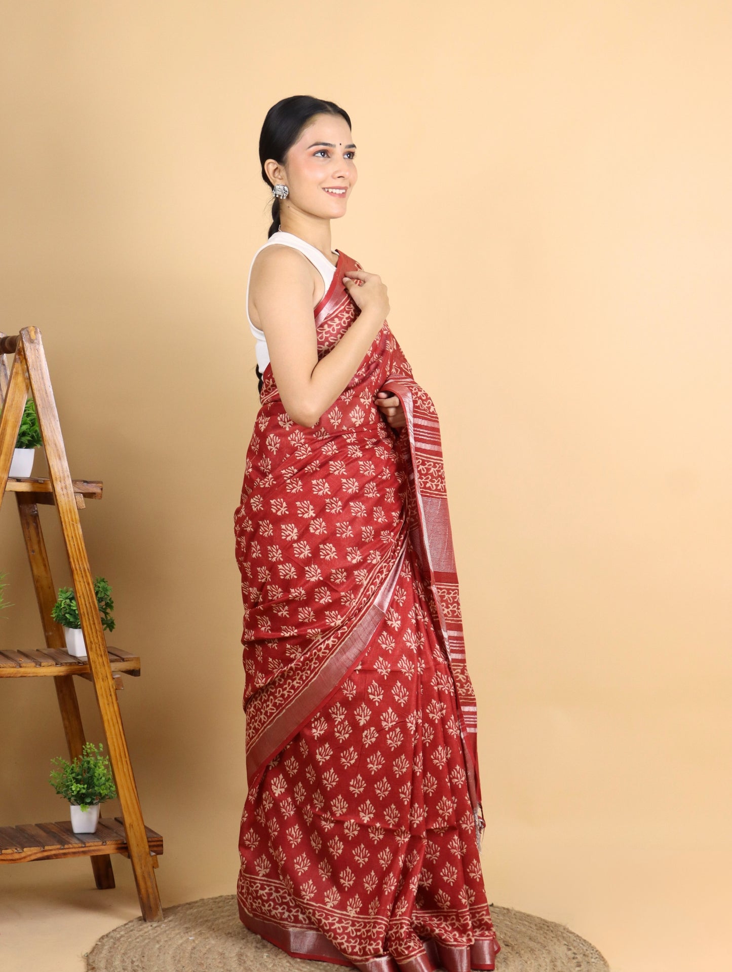 Maroon Linen Block Printed Saree