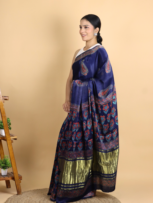 Bright Blue Ajrak Block Printed Modal Silk Saree