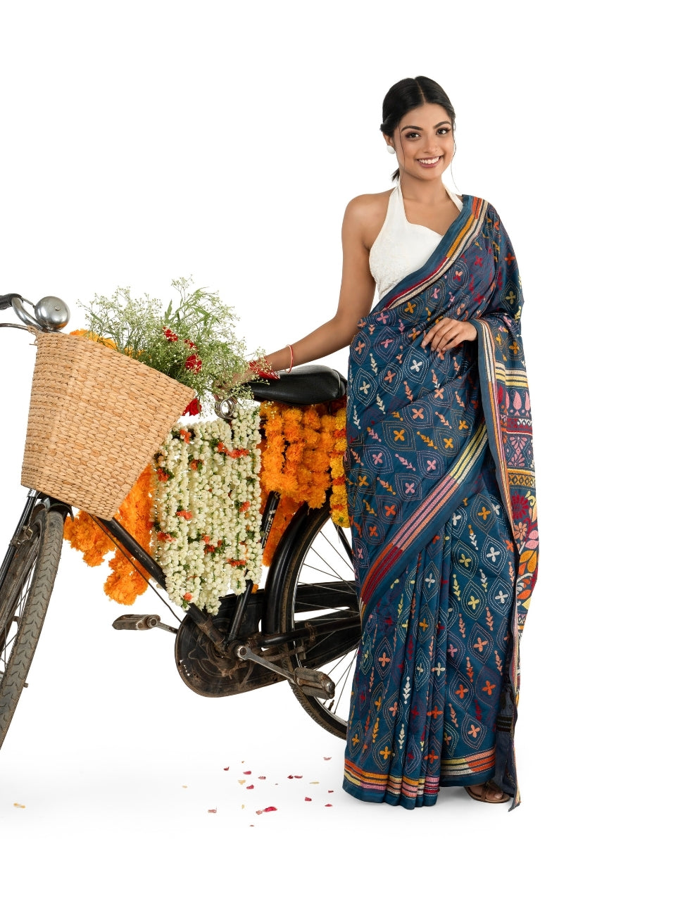 Midnight Blue Heavy Katha Stitched Saree
