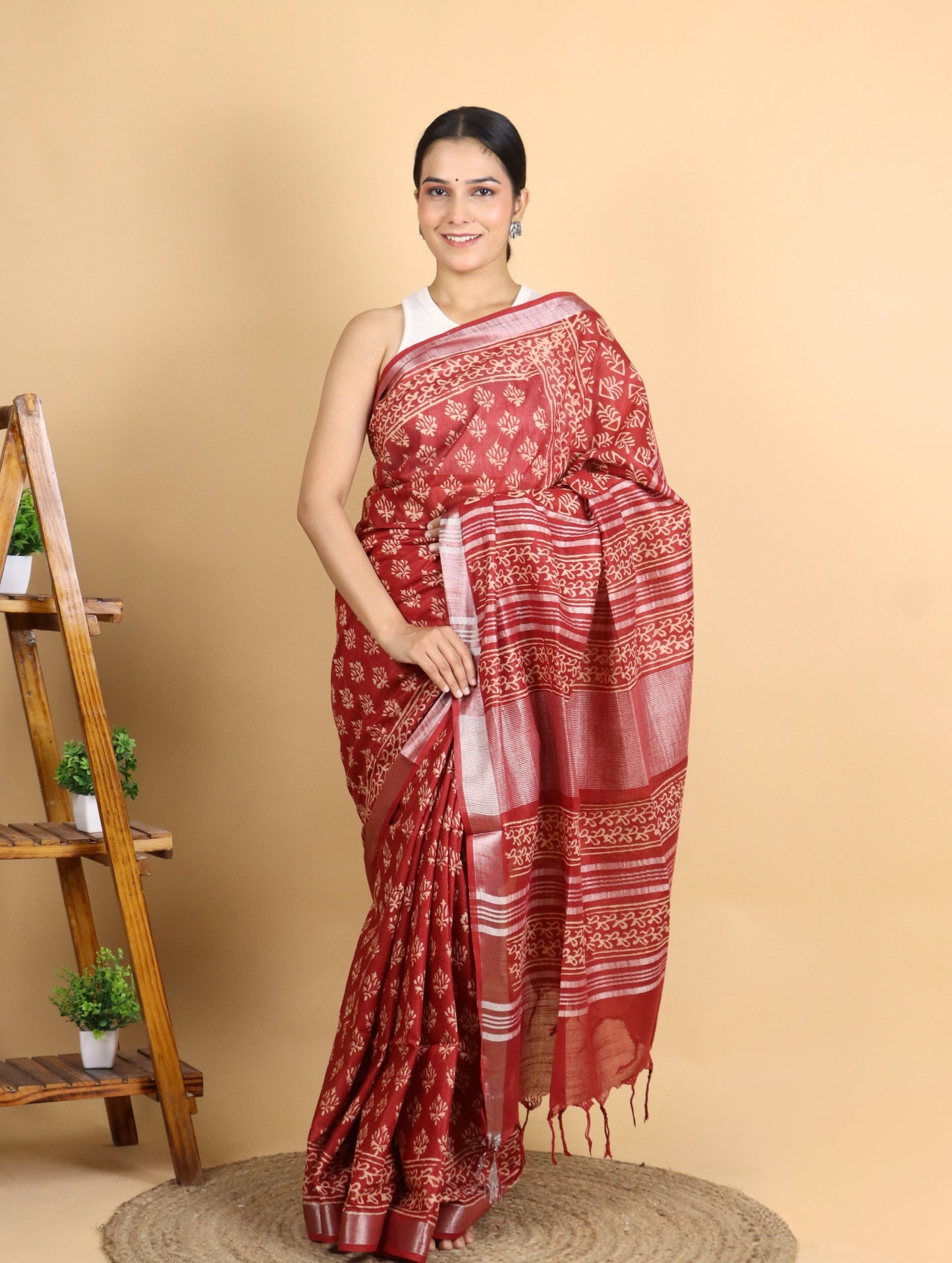 Maroon Linen Block Printed Saree