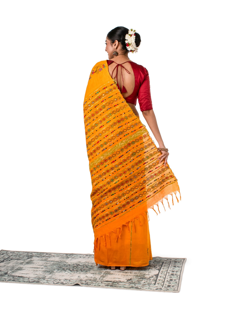 Yellow Exquisite Khesh Kantha Stitched Saree