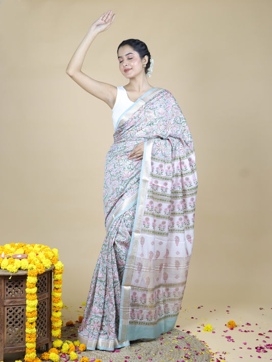 Pastel Green Blended Maheshwari Silk With Sanganeri Block Prints