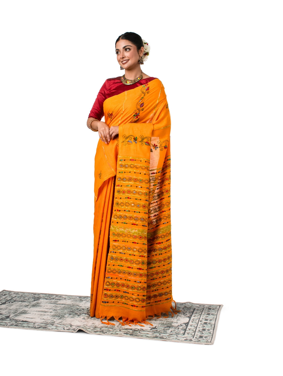 Yellow Exquisite Khesh Kantha Stitched Saree