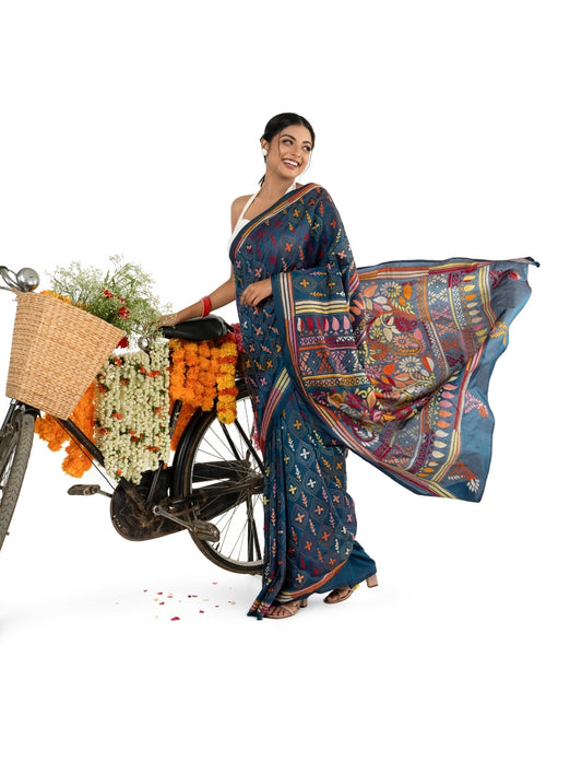 Midnight Blue Heavy Katha Stitched Saree