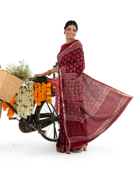 Maroon Art Silk Crepe with Naptol BlockPrinted Saree