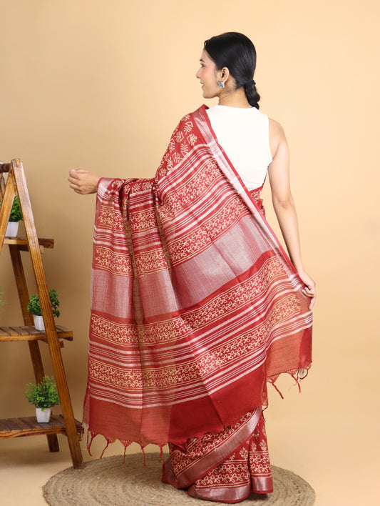 Maroon Linen Block Printed Saree