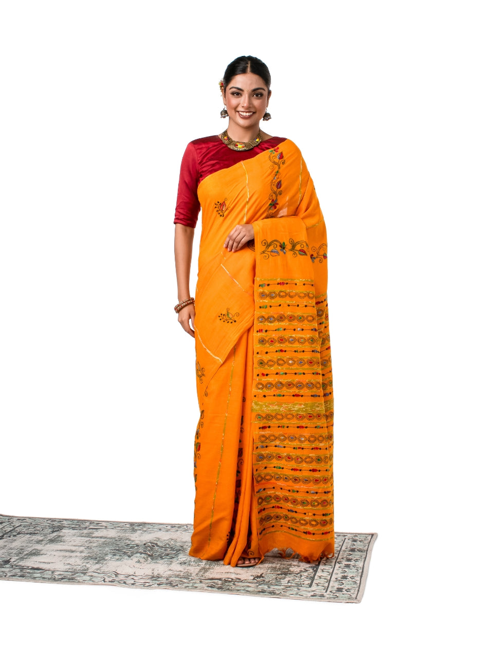 Yellow Exquisite Khesh Kantha Stitched Saree