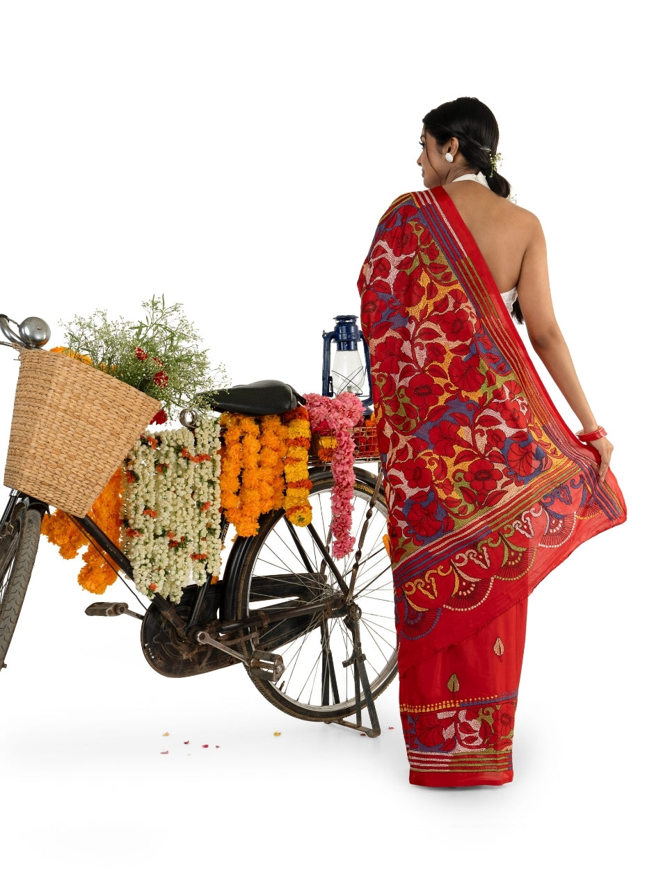 Red Reverse Kantha Stitched Saree