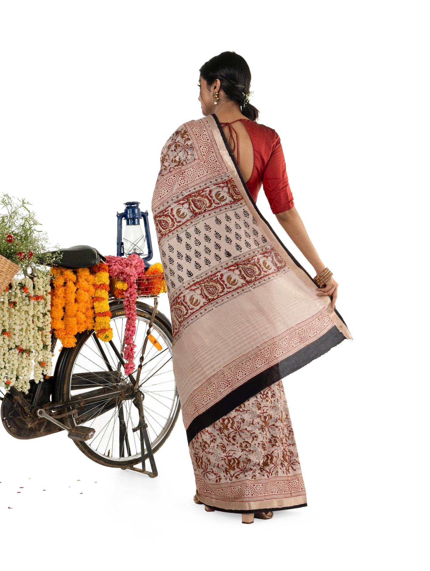 Beige and Maroon Art Silk Crepe with Floral Bagru BlockPrinted Saree