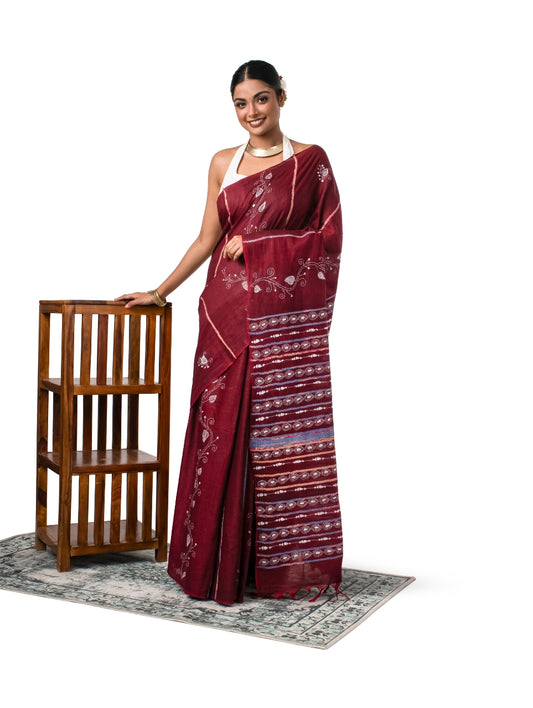 Marron Exquisite Khesh Kantha Stitched Saree
