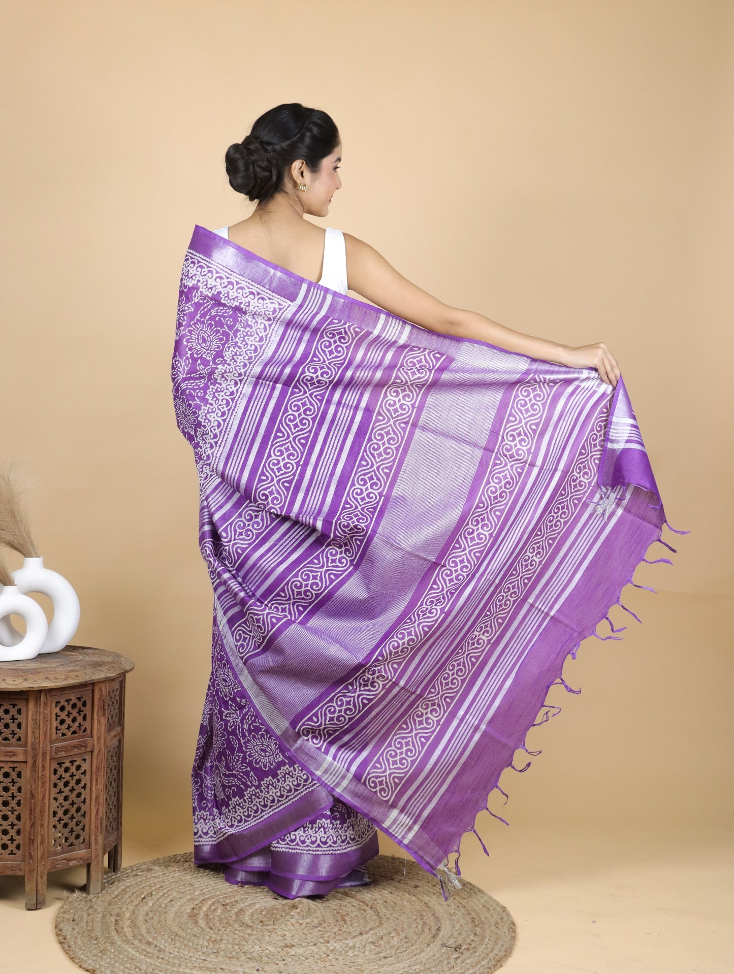 Beautiful Violet Hand Block Printed Cotton Linen Saree