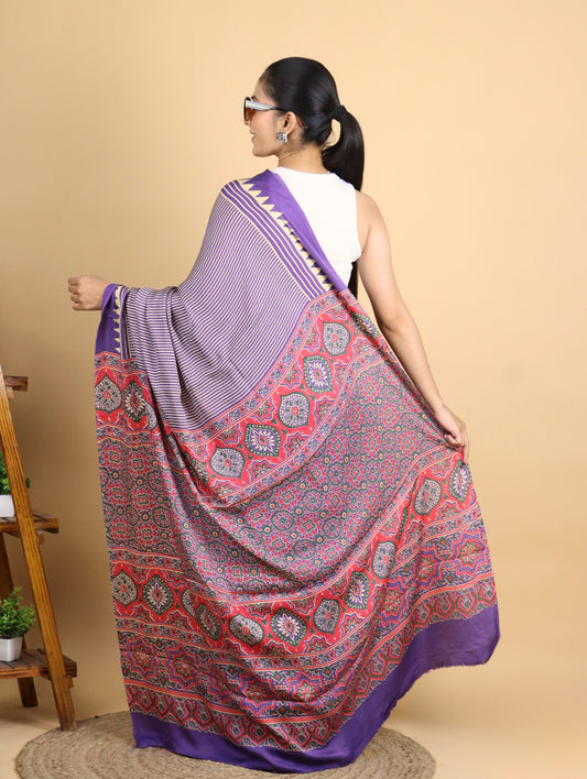 Violet Striped Ajrak Block Printed Modal Silk Saree