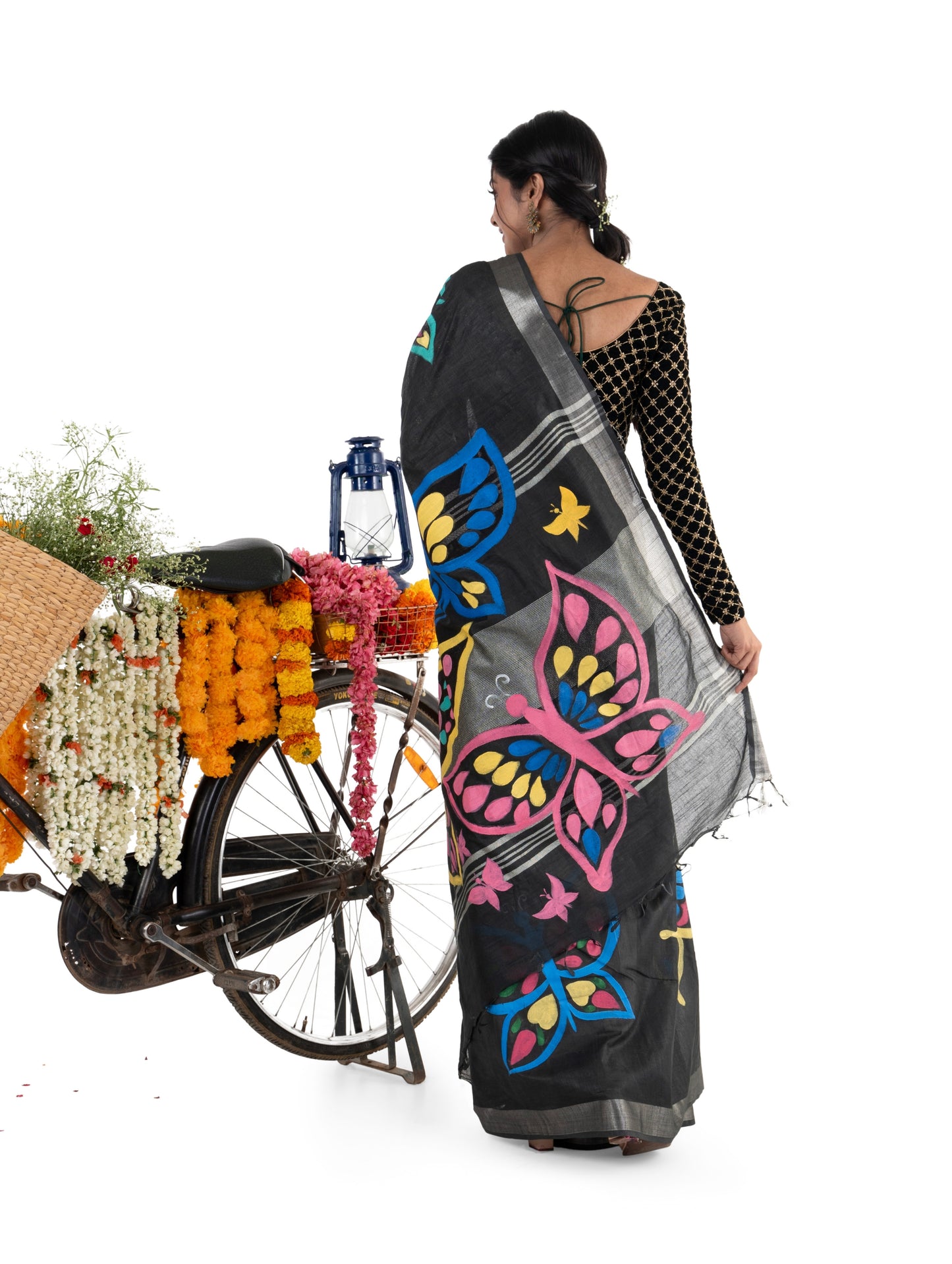 Black Cotton Linen All over HandPainted Saree