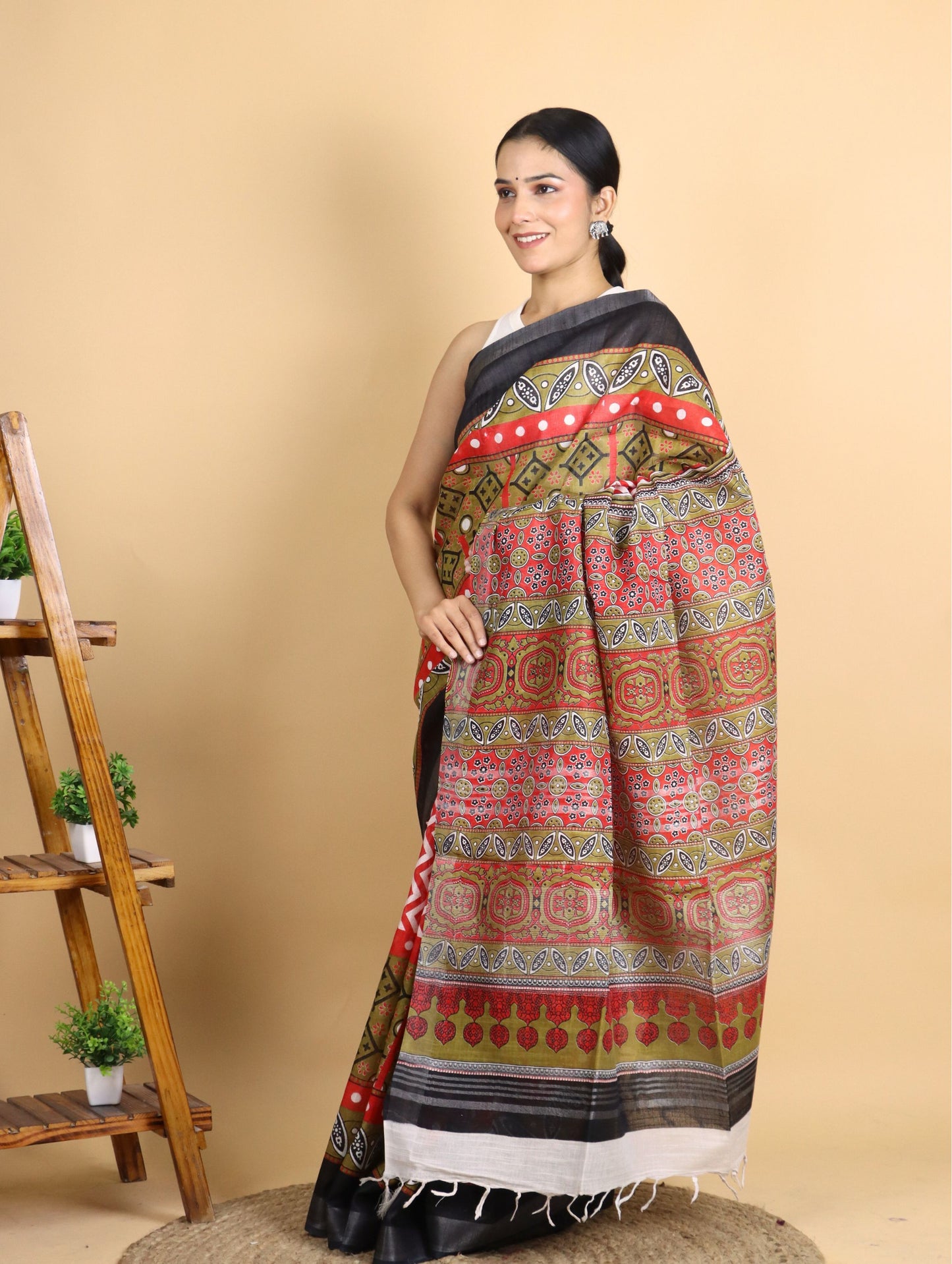 Multicolored Cotton Linen Block Printed Saree