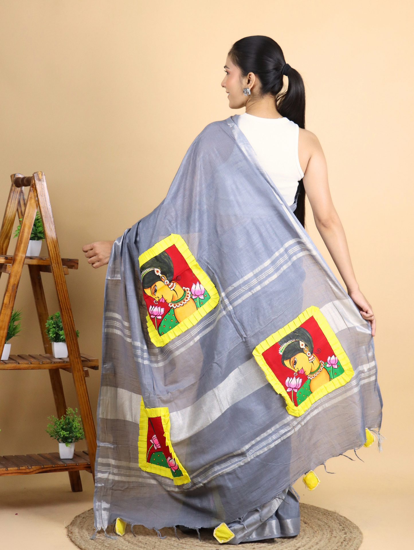 Grey Cotton Linen Saree with Applique Painting
