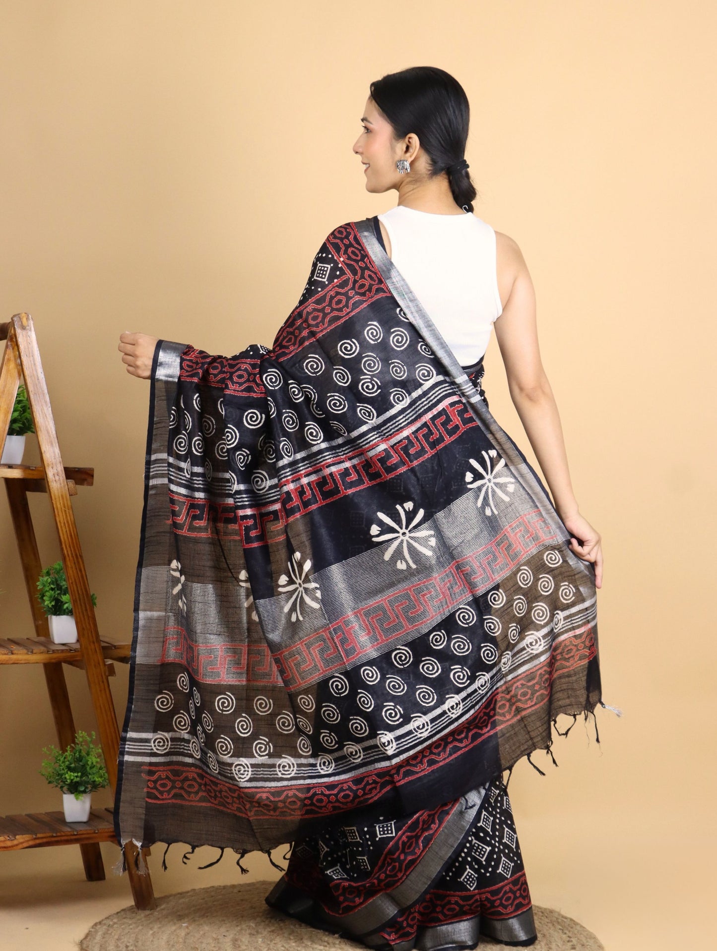 Black Cotton Linen Block Printed Saree with Diamond Motifs