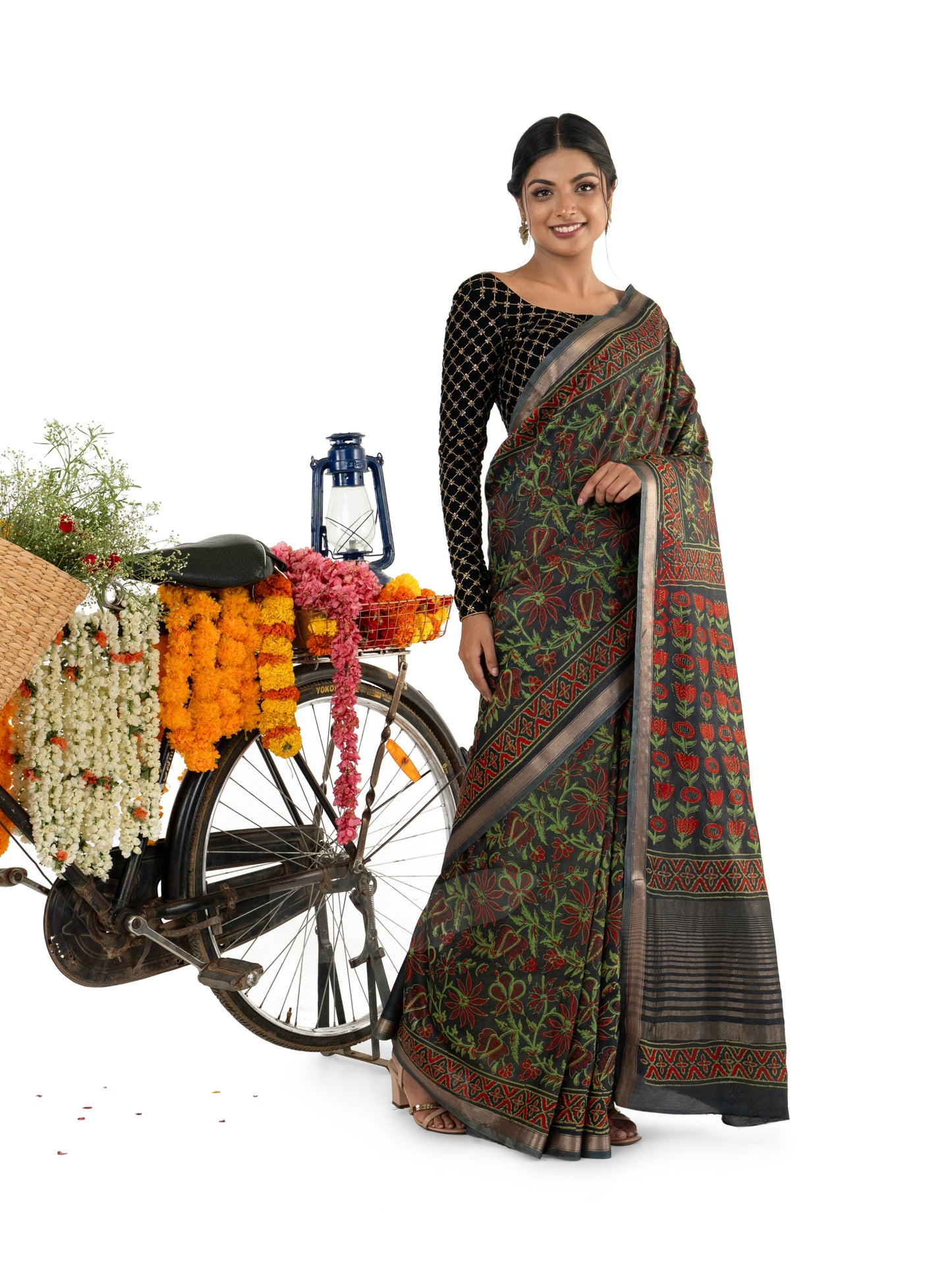 Dark Green Art Silk Crepe with all Over Floral Naptol BlockPrinted Saree