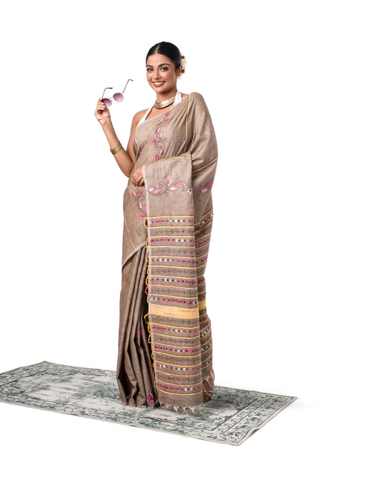 Light Brown Exquisite Khesh Kantha Stitched Saree