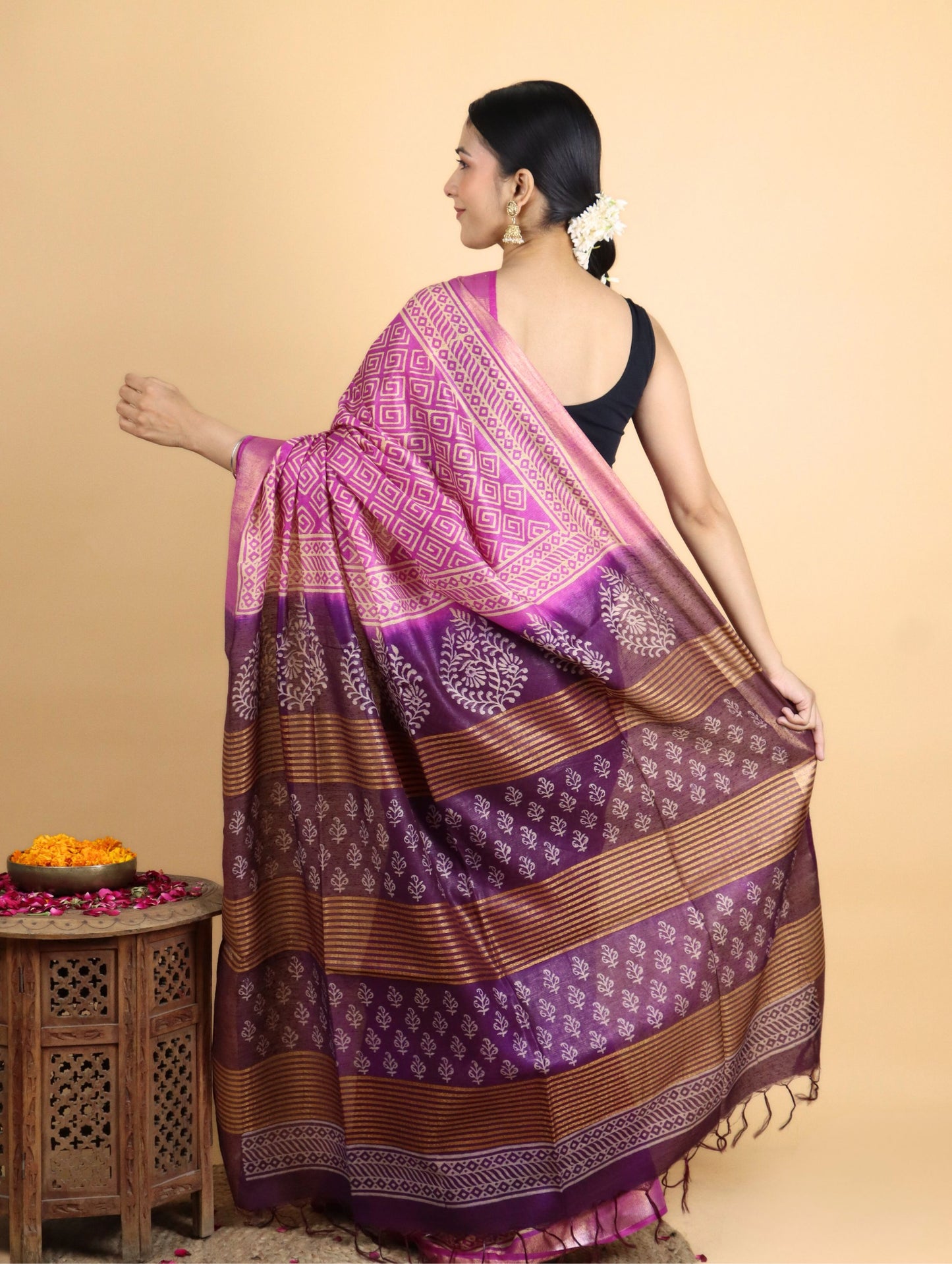 Dark Pink and Plum Baffta Tussar Block Printed Saree