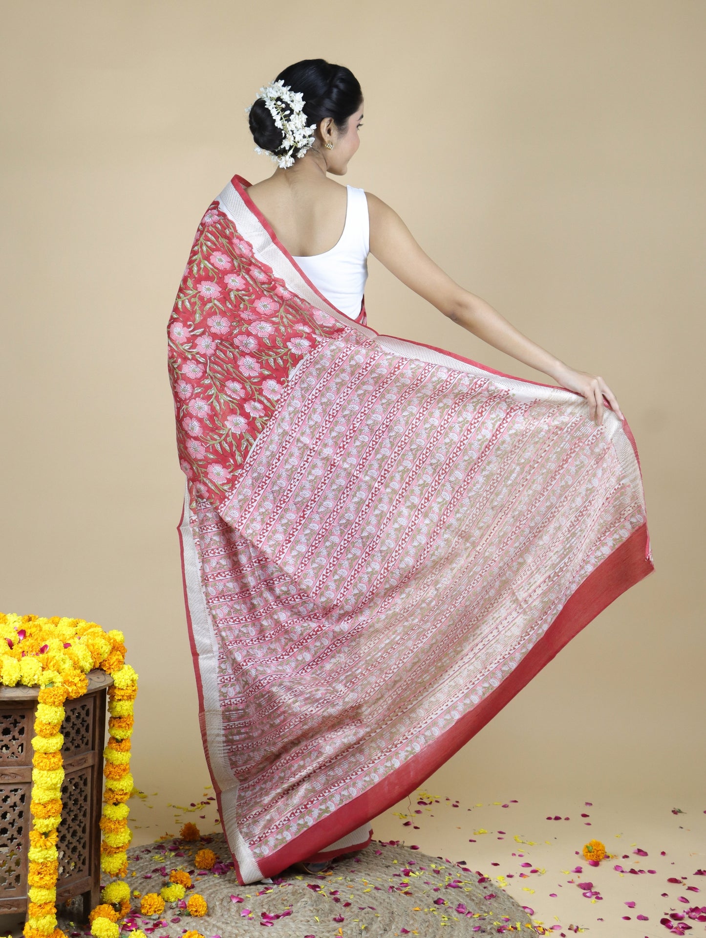 Red Blended Maheshwari Silk With Sanganeri Block Prints