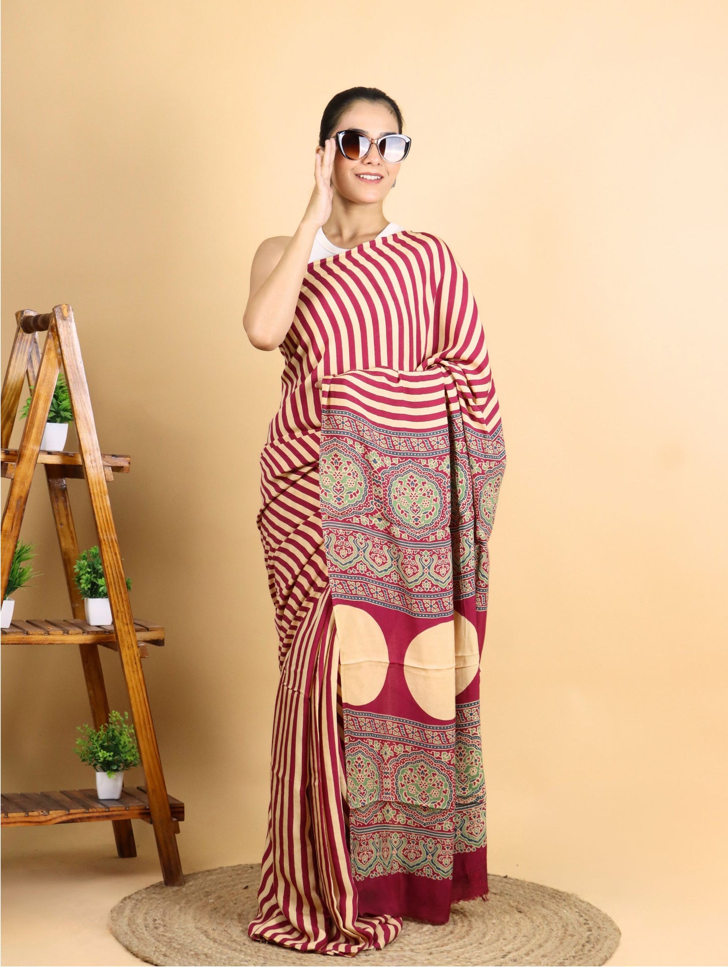 Maroon and Beige Striped Ajrak Block Printed Modal Silk Saree