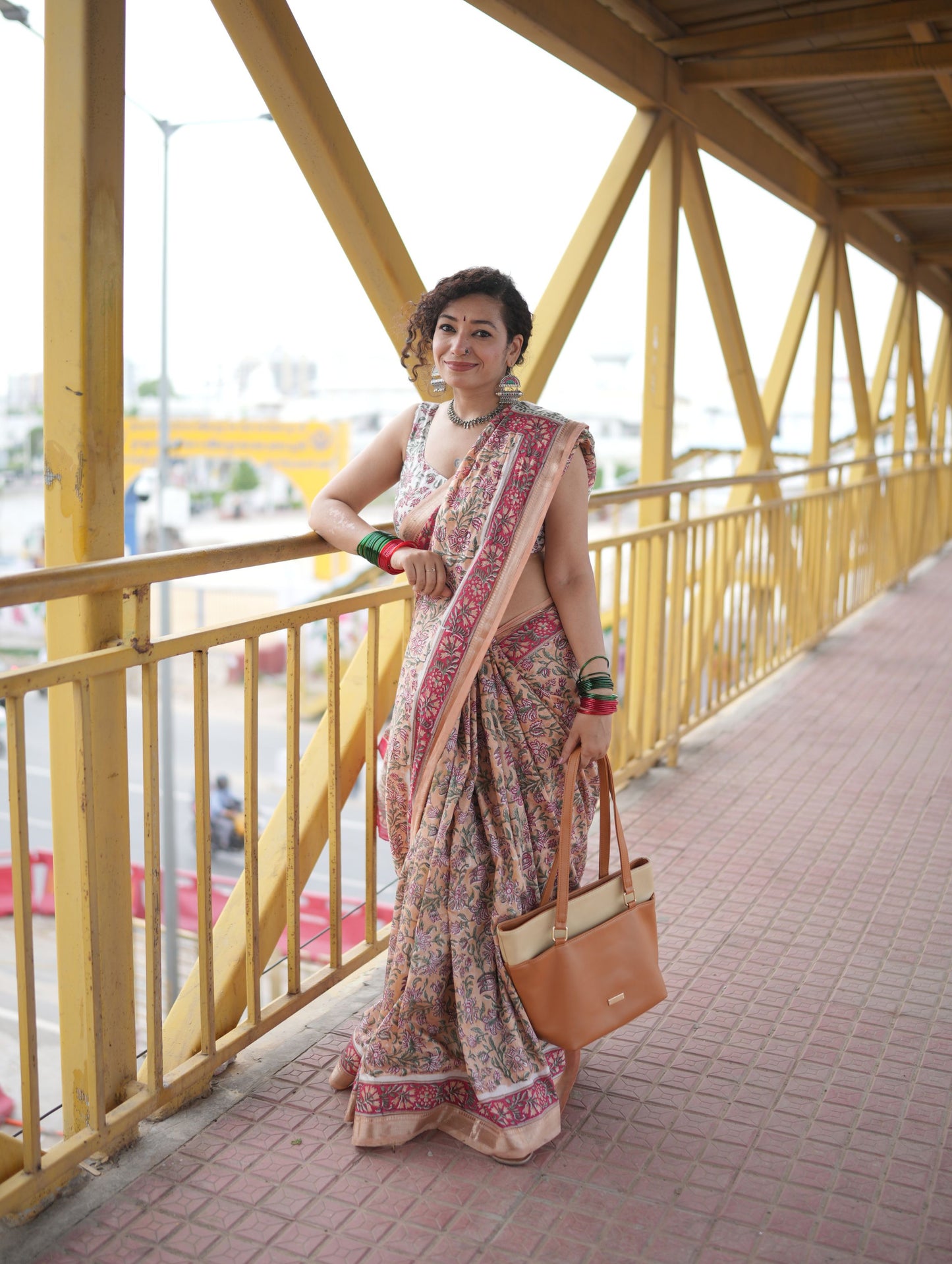 Rose Gold Blended Maheshwari Silk With Sanganeri Block Prints