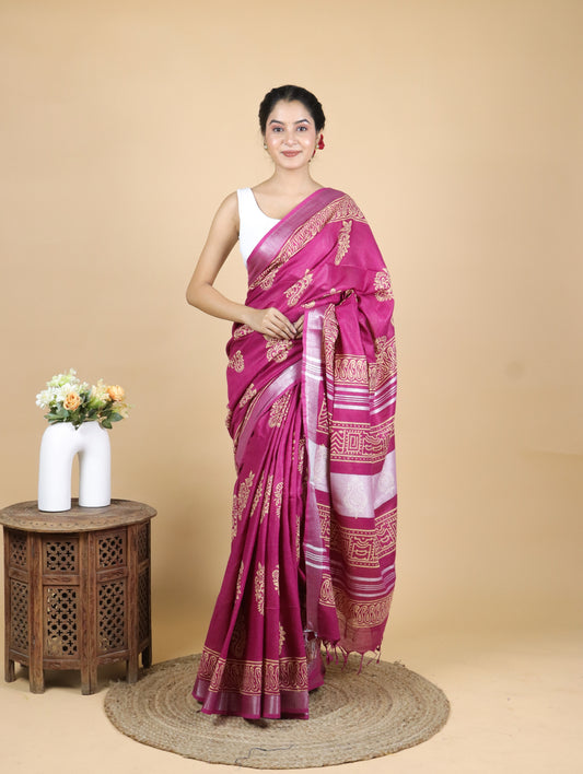 Beautiful Pink Hand Block Printed Cotton Linen Saree