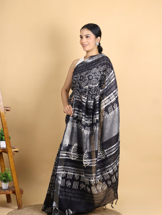 Black Cotton Linen Block Printed Saree with Mango Motifs