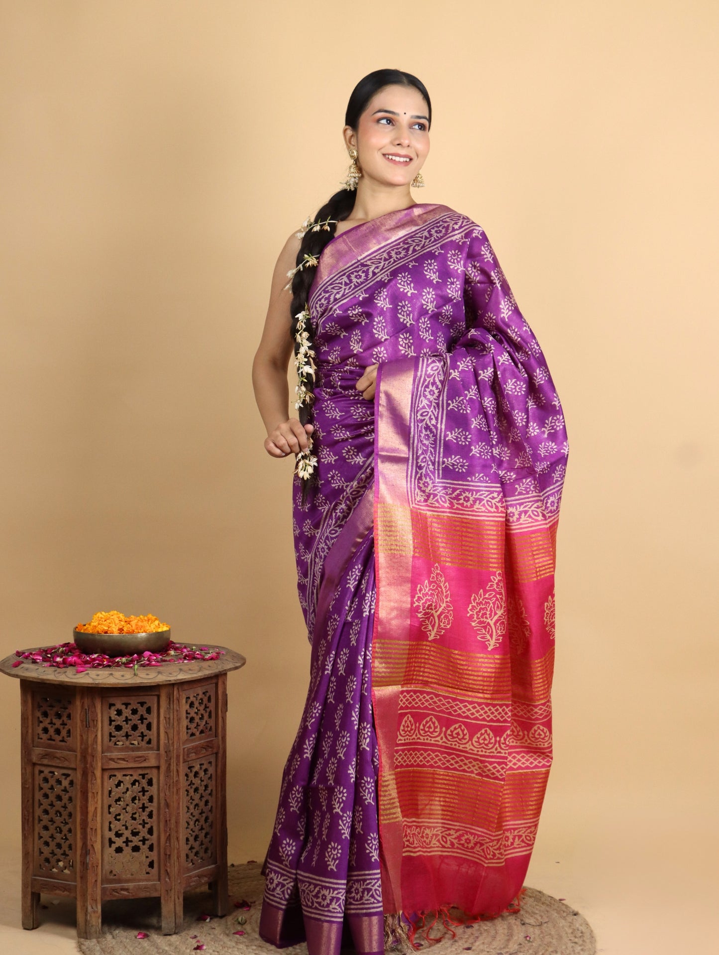 Purple and Pink Baffta Tussar Block Printed Saree