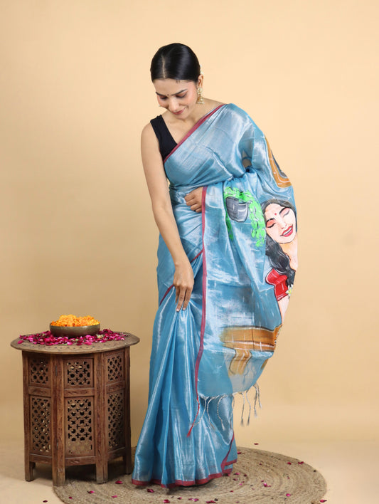 Raaga Blue Coloured Tissue Hand Painted Saree