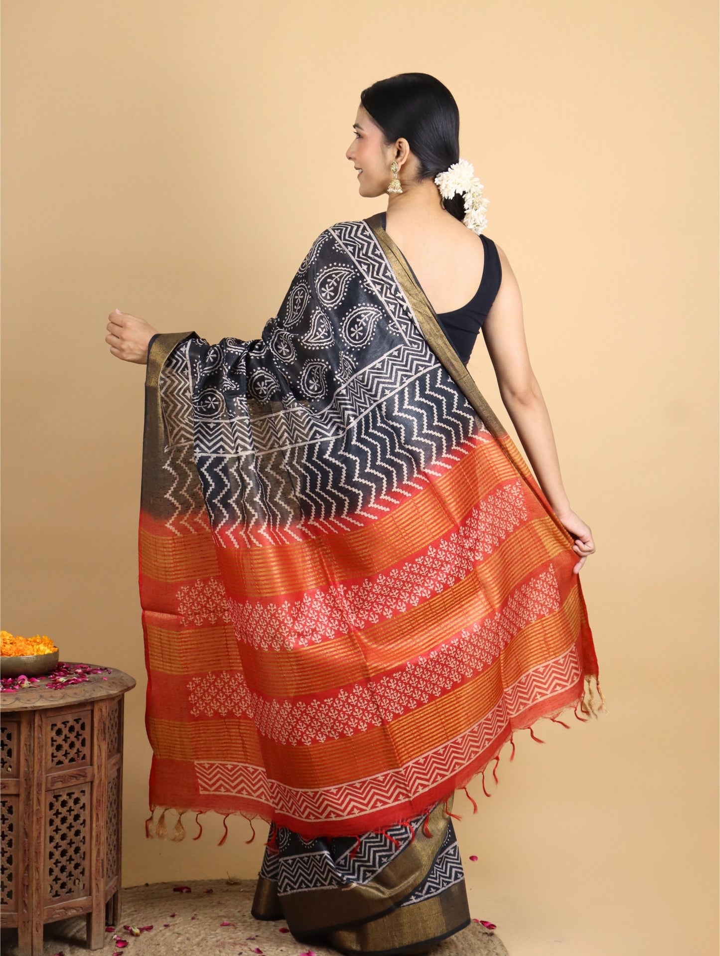 Black and Orange Baffta Tussar Block Printed Saree