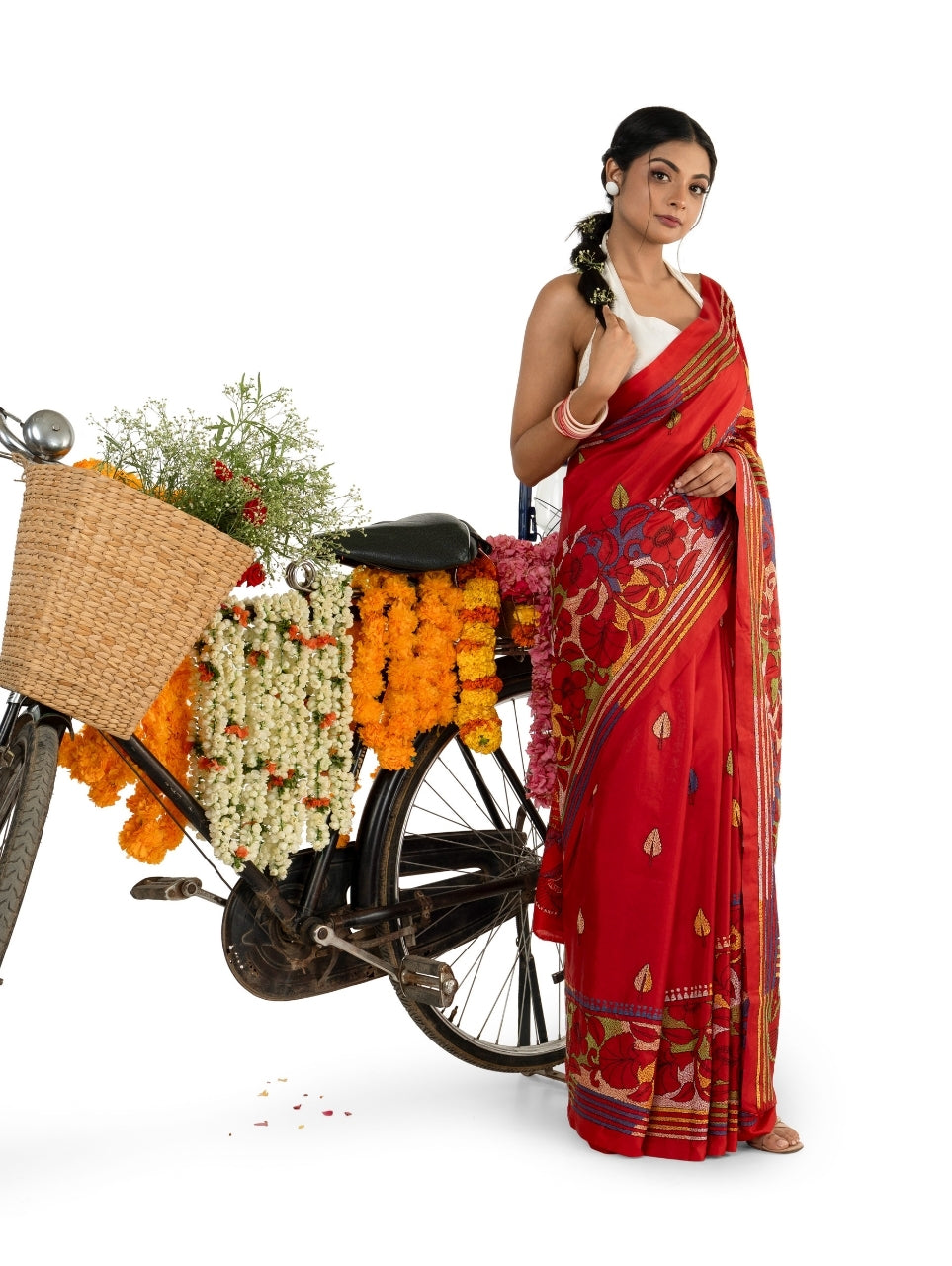Red Reverse Kantha Stitched Saree