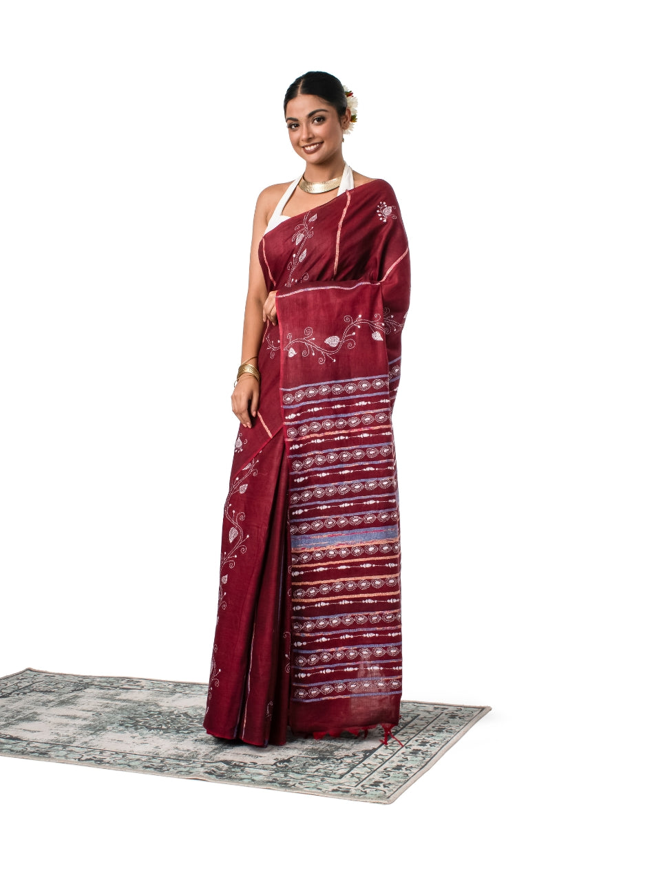 Marron Exquisite Khesh Kantha Stitched Saree