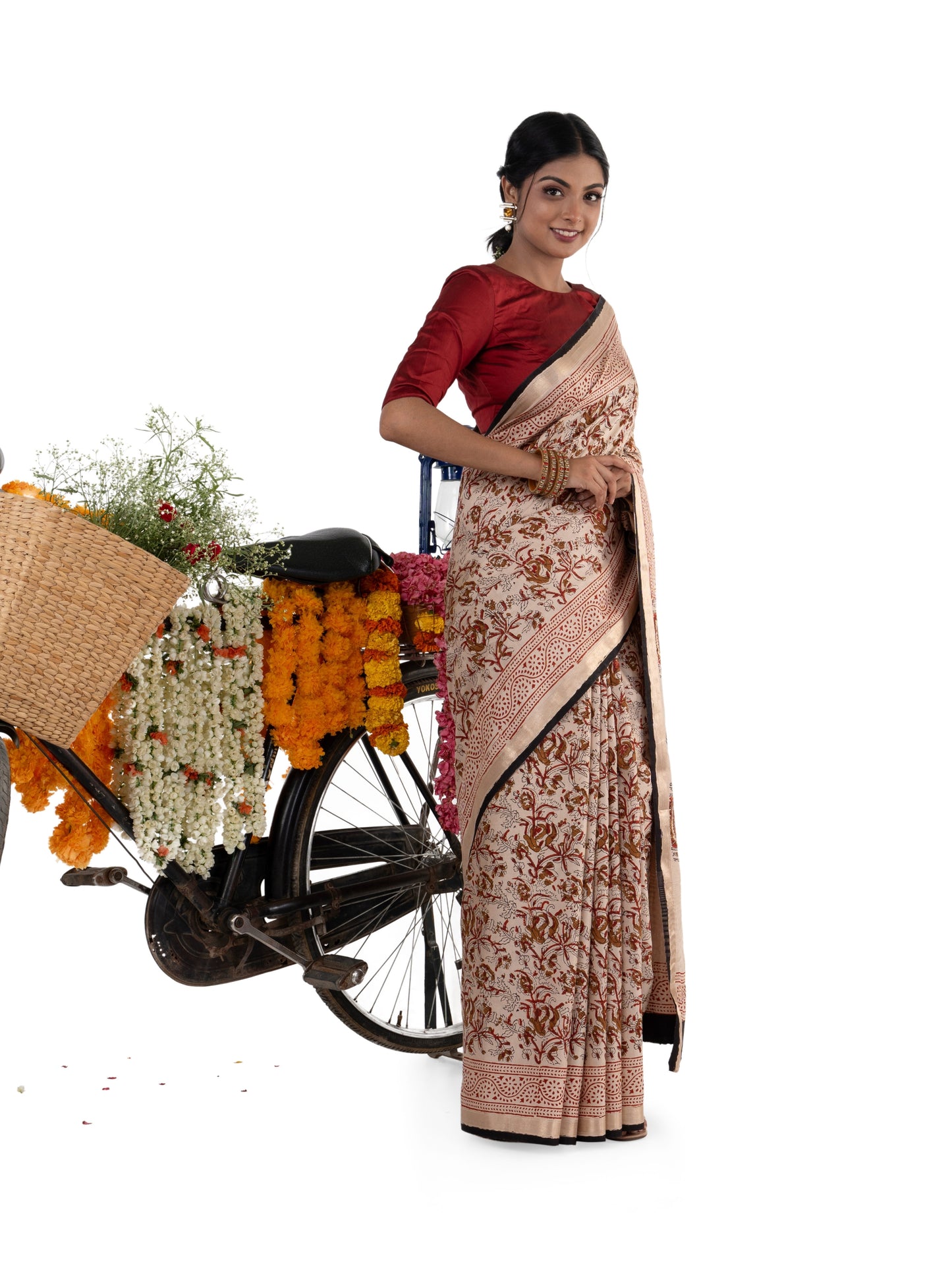 Beige and Maroon Art Silk Crepe with Floral Bagru BlockPrinted Saree