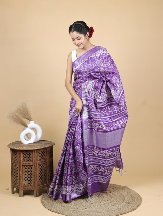 Beautiful Violet Hand Block Printed Cotton Linen Saree