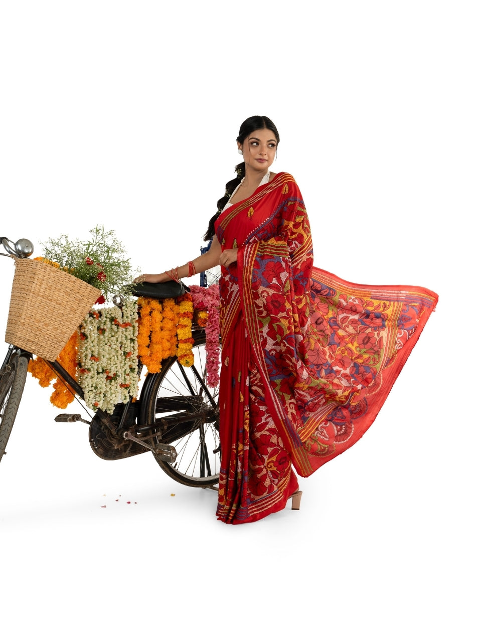 Red Reverse Kantha Stitched Saree