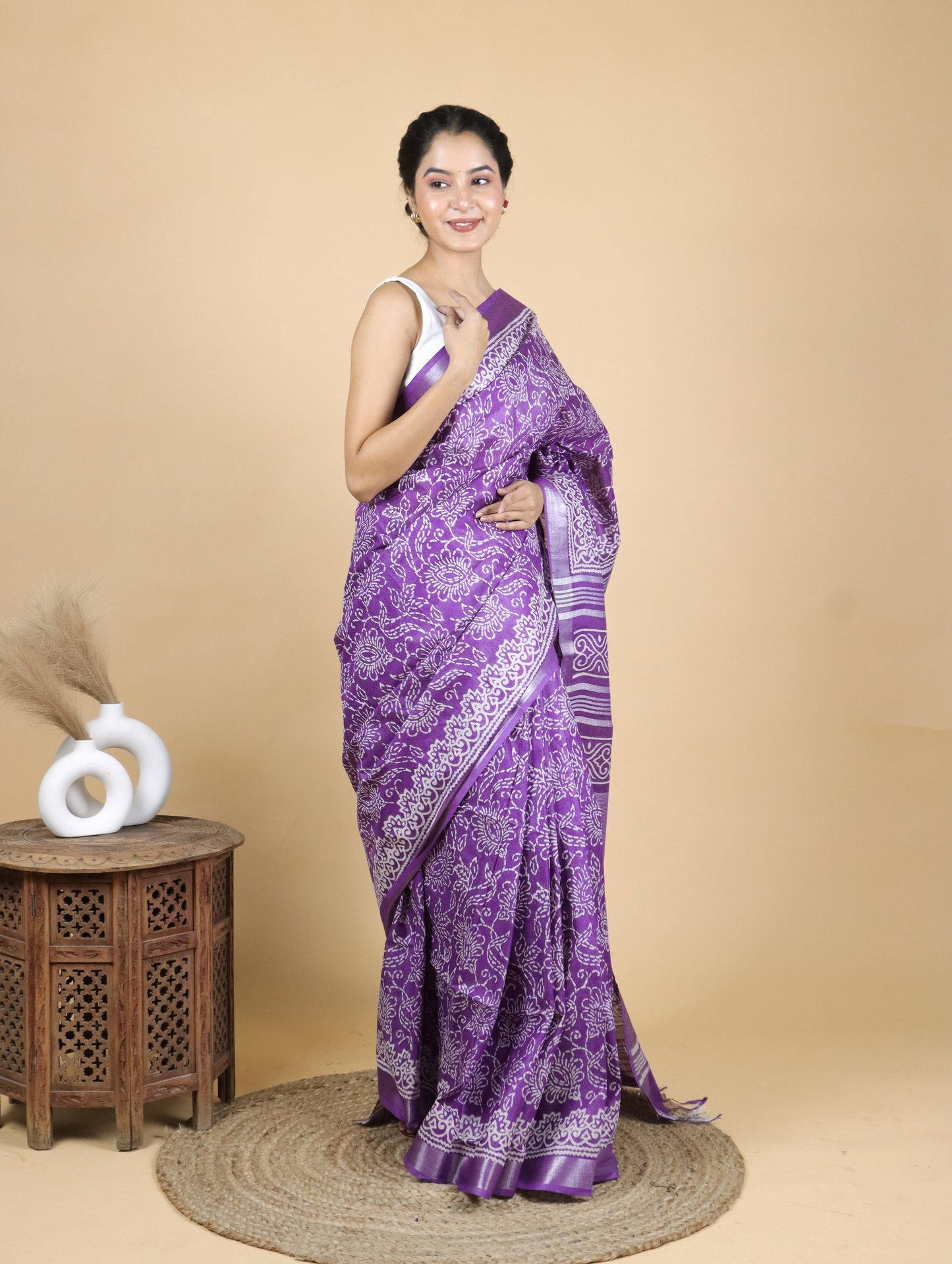 Beautiful Violet Hand Block Printed Cotton Linen Saree